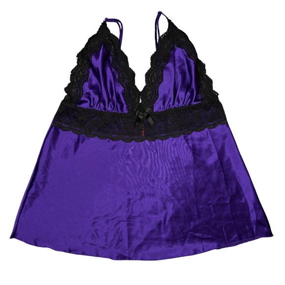 Seven 'til Midnight Other - Seven 'til Midnight Royal Purple Satin Black Lace Bow Babydoll L